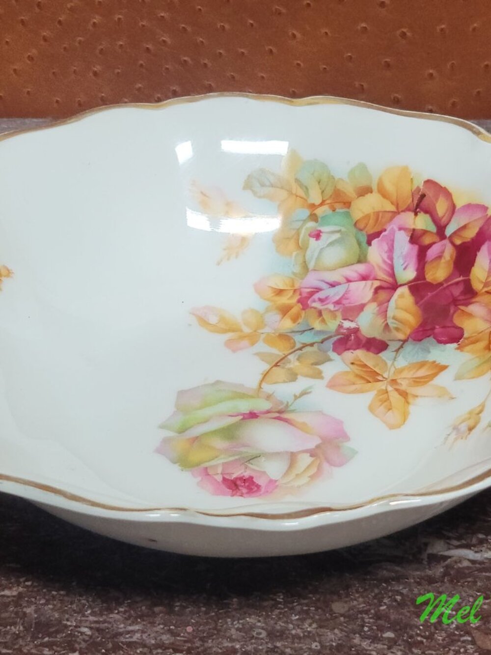 Antique German Hand Painted Large Roses & Gold Scalloped 10 Inch Bowl